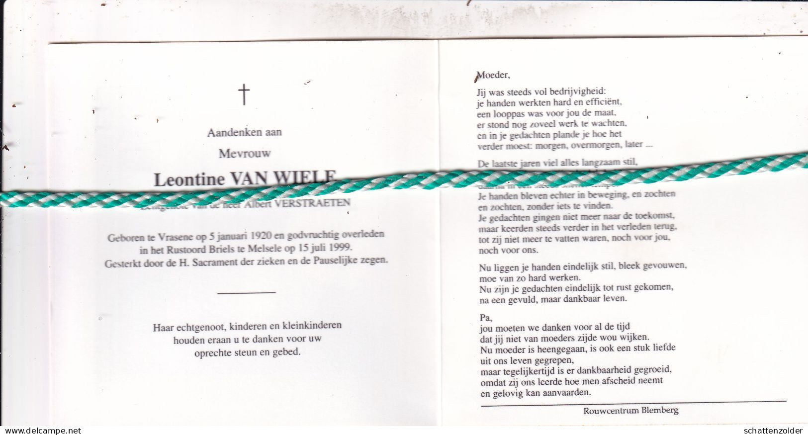 Leontine Van Wiele-Verstraeten, Vrasene 1920, Melsele 1999. Foto - Obituary Notices