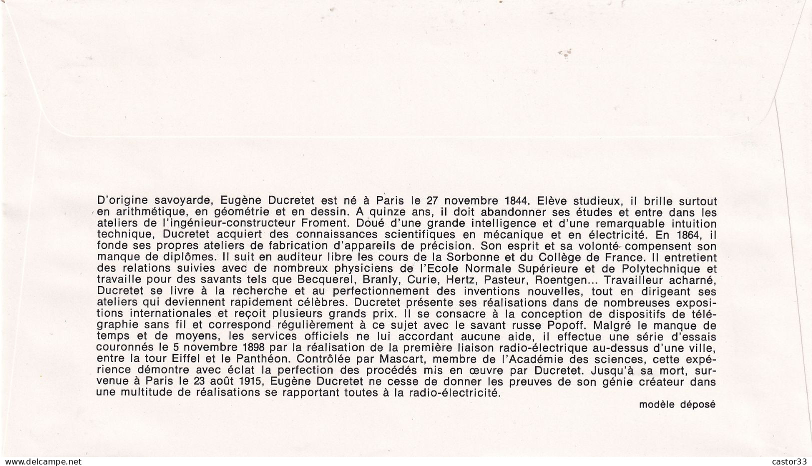 1er Jour, Eugène Ducretet, 75è Anniversaire De La Liaison TSF Tour-Eiffel Panthéon - 1970-1979