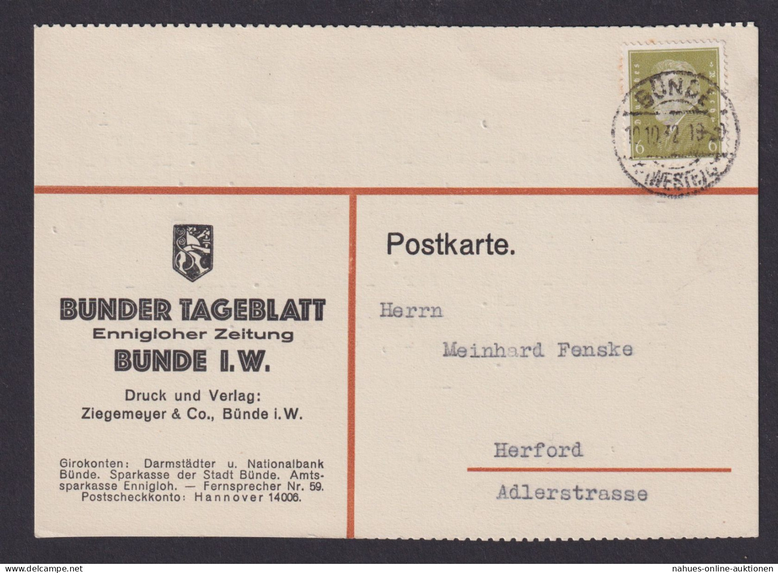 Briefmarken Deutsches Reich Brief Bünde Reklamekarte Bündener Tageblatt Herford - Covers & Documents
