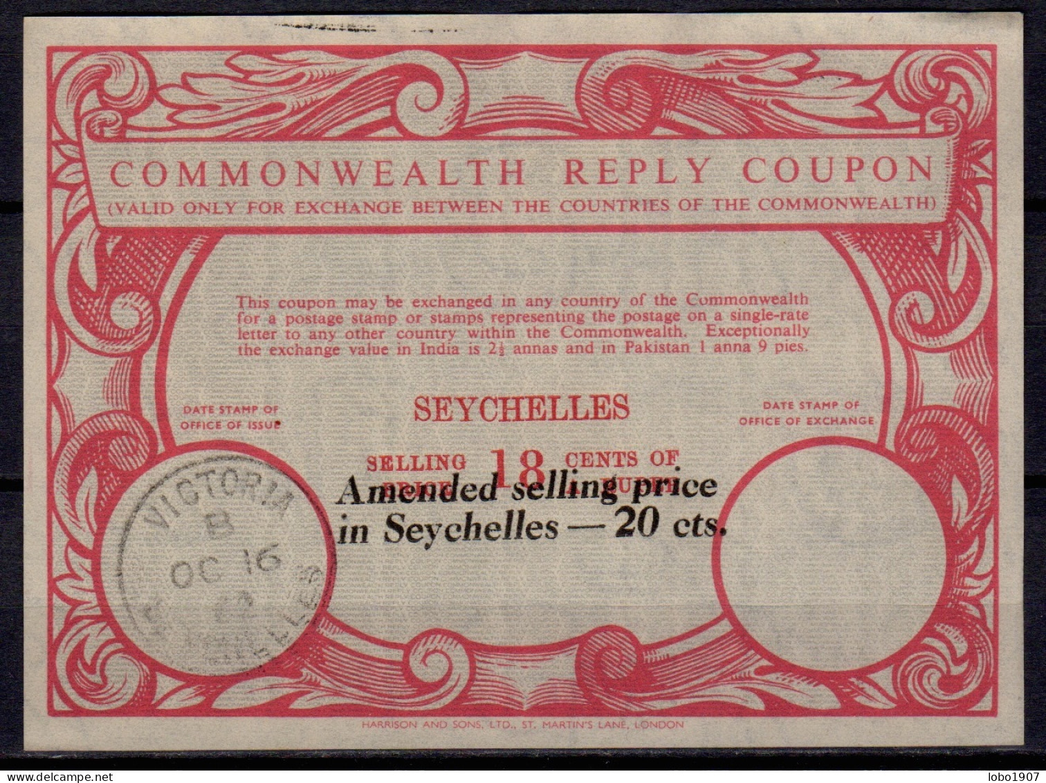 SEYCHELLES  Co9 AMENDED SELLING PRICE 20 CTS. / 18 CENTS Commonwealth Reply Coupon Reponse Antwortschein IRC IAS O VICTO - Seychelles (1976-...)