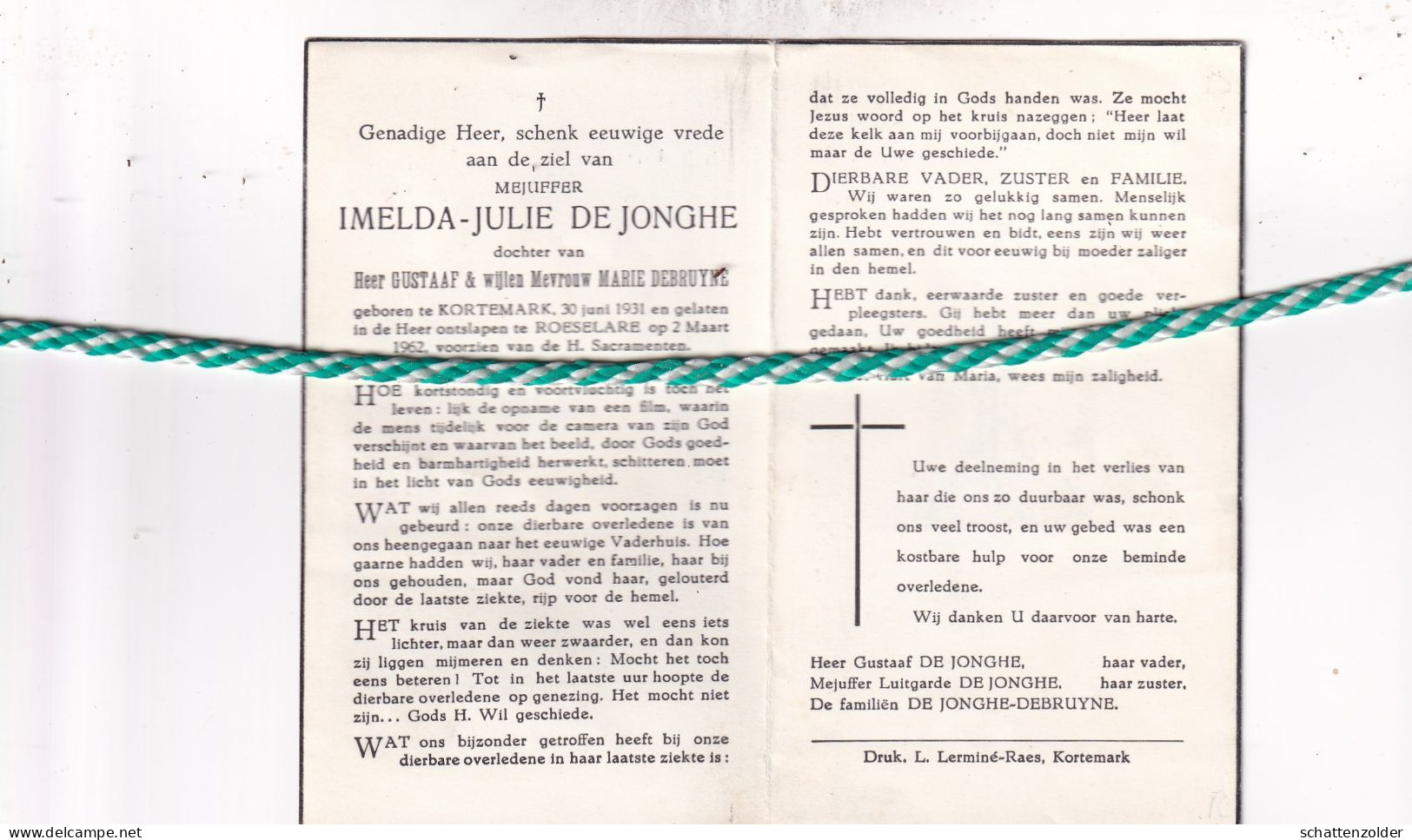 Imelda Julie De Jonghe-Debruyne, Kortemark 1931, Roeselare 1962 - Obituary Notices