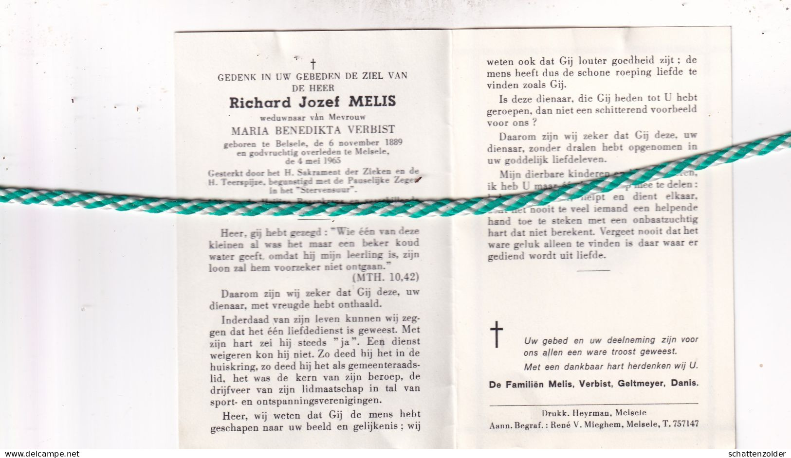 Richard Jozef Melis-Verbist, Belsele 1889, Melsele 1965 - Obituary Notices