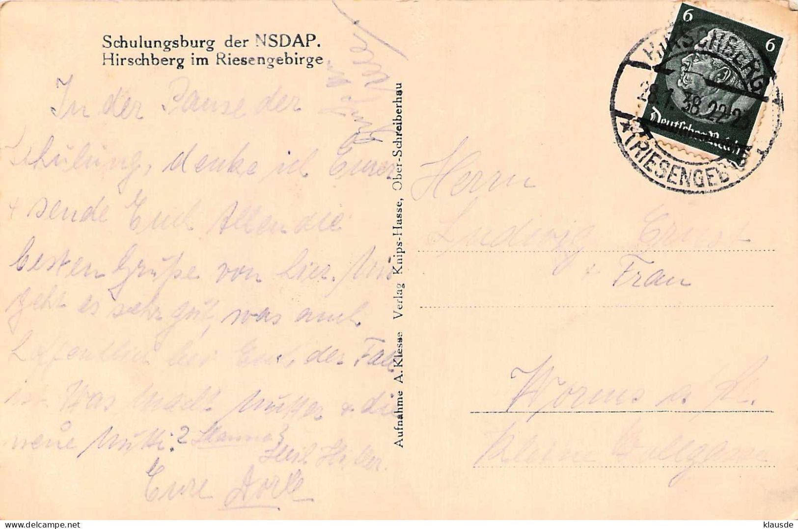 Hirschberg - Schulungsburg Der NSDAP Gel.1938 - Böhmen Und Mähren