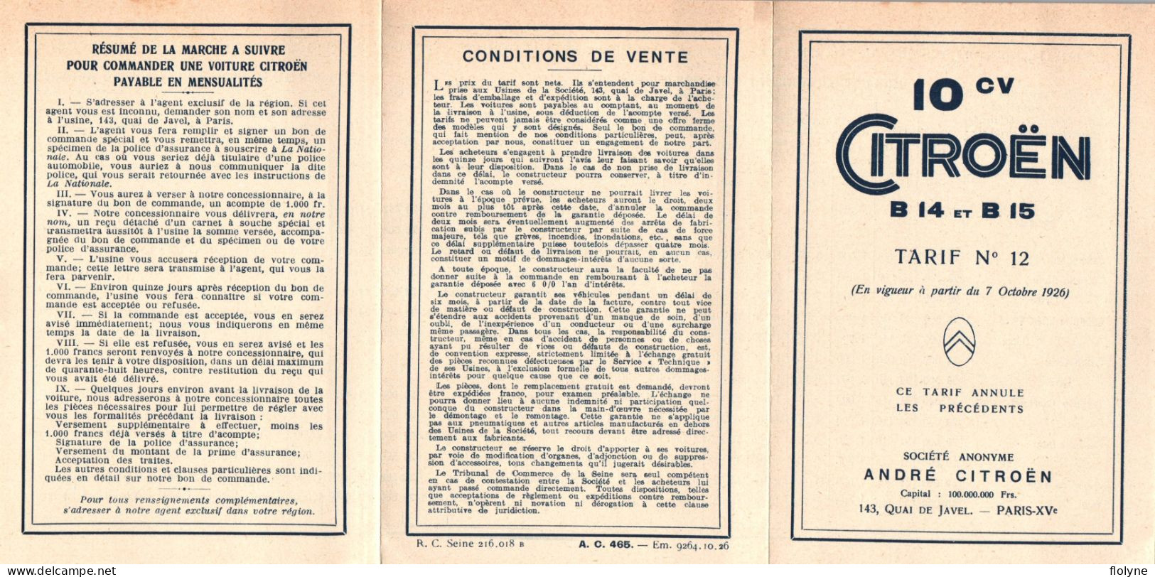 Automobile - CITROËN 10Cv B14 Et B14 - Document Livret En 3 Feuillets Des Tarifs En 1926 - Passenger Cars