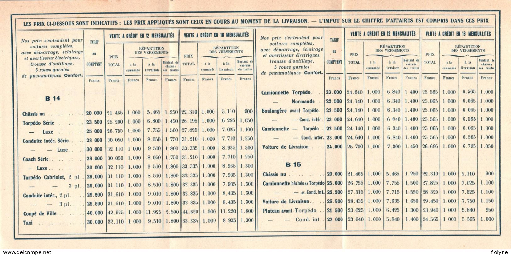 Automobile - CITROËN 10Cv B14 Et B14 - Document Livret En 3 Feuillets Des Tarifs En 1926 - Passenger Cars