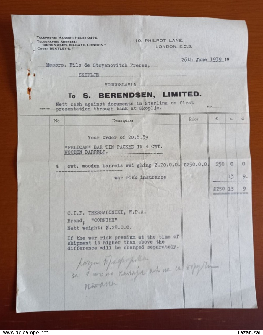 Lot #1   S BERENDSEN , LIMITED 1939 Factura , Invoice  Document - LONDON UNITED KINGDOM - Other & Unclassified