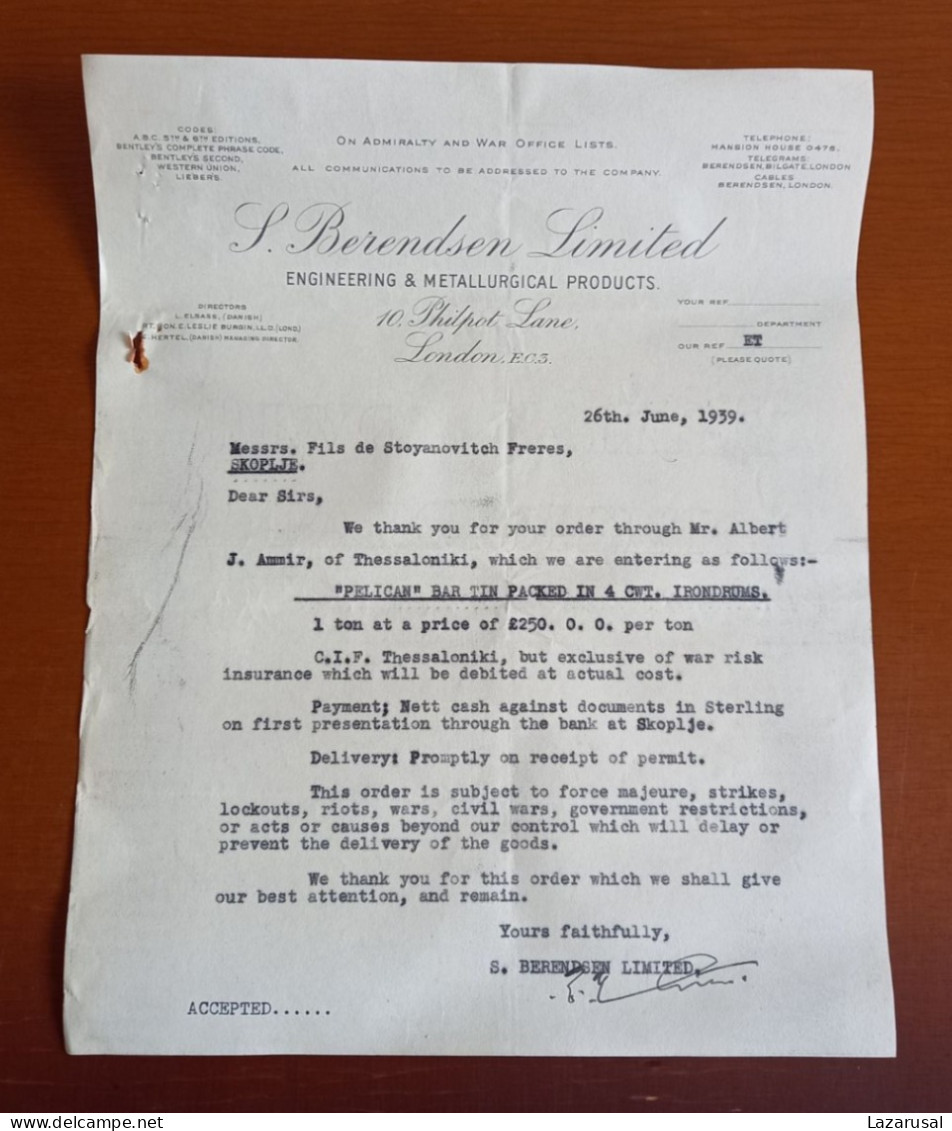Lot #1   S BERENDSEN , LIMITED 1939 Factura , Invoice  Document - LONDON UNITED KINGDOM - Autres & Non Classés