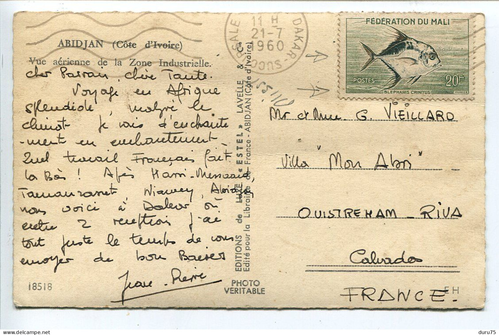 CÔTE D'IVOIRE * CP Voyagé 1960 Timbre Mali 20F Poisson Blépharis Crinitus * ABIDJAN Vue Aérienne De La Zône Industrielle - Côte-d'Ivoire