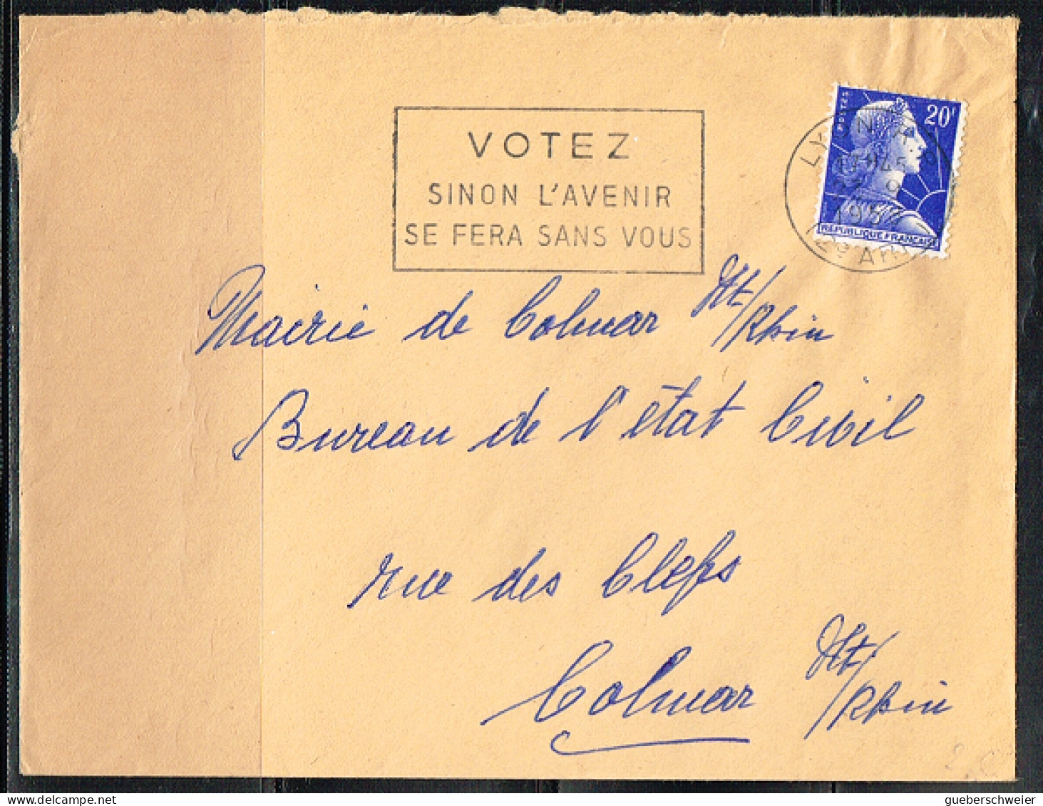 POL-L42 - FRANCE Flamme Sur Lettre De Lyon 1958 "Votez Sinon L'avenir Se Fera Sans Vous" - Oblitérations Mécaniques (flammes)