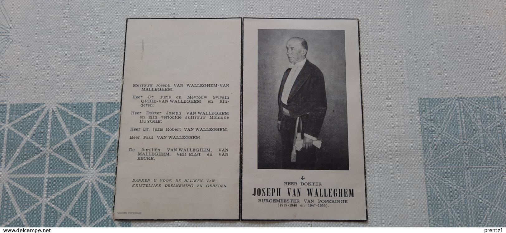 Joseph Van Walleghem Geb.Zonnebeke 1886- Getr. M. Van Malleghem - Burgemeester Poperinge- Gest.25-09/1955 - Devotion Images