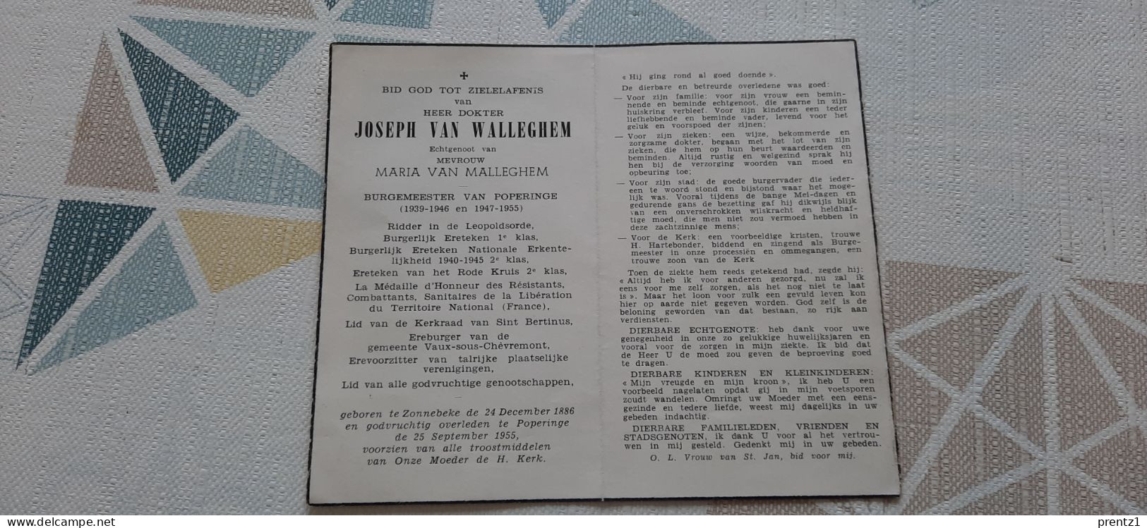 Joseph Van Walleghem Geb.Zonnebeke 1886- Getr. M. Van Malleghem - Burgemeester Poperinge- Gest.25-09/1955 - Devotion Images