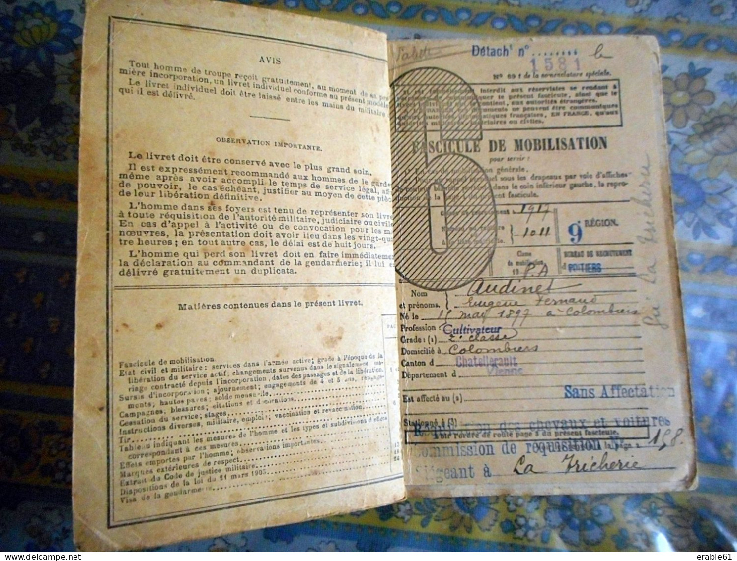 LIVRET MILITAIRE AUDINET EUGENE Classe 1917 COLOMBIERS + FASCICULE DE MOBILISATION - Documents