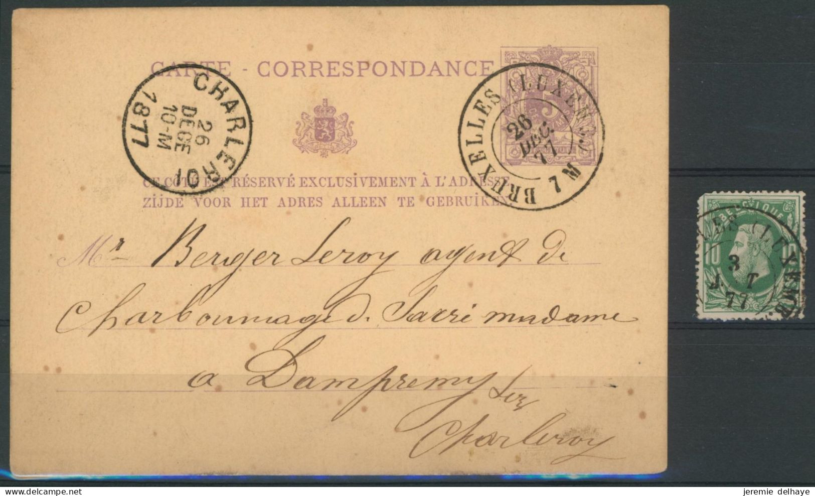 EP Au Type 5ctm Mauve Obl Double Cercle "Bruxelles (Luxembourg)" Grand Format + N°30 Isolé - Cartes Postales 1871-1909