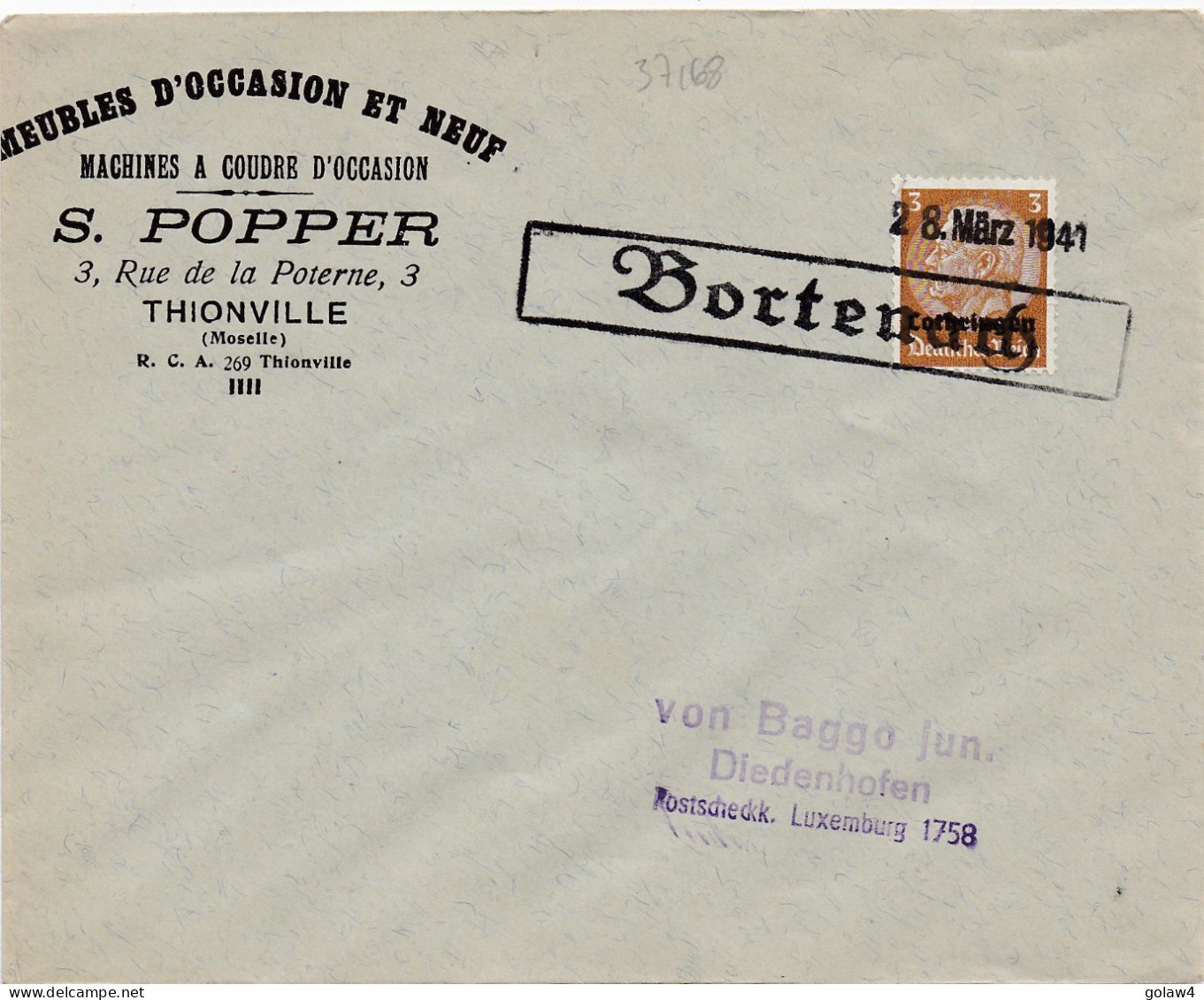 37168# HINDENBURG LOTHRINGEN LETTRE Obl BORTENACH 28 Mars 1941 BOURDONNAY MOSELLE Pour THIONVILLE - Cartas & Documentos