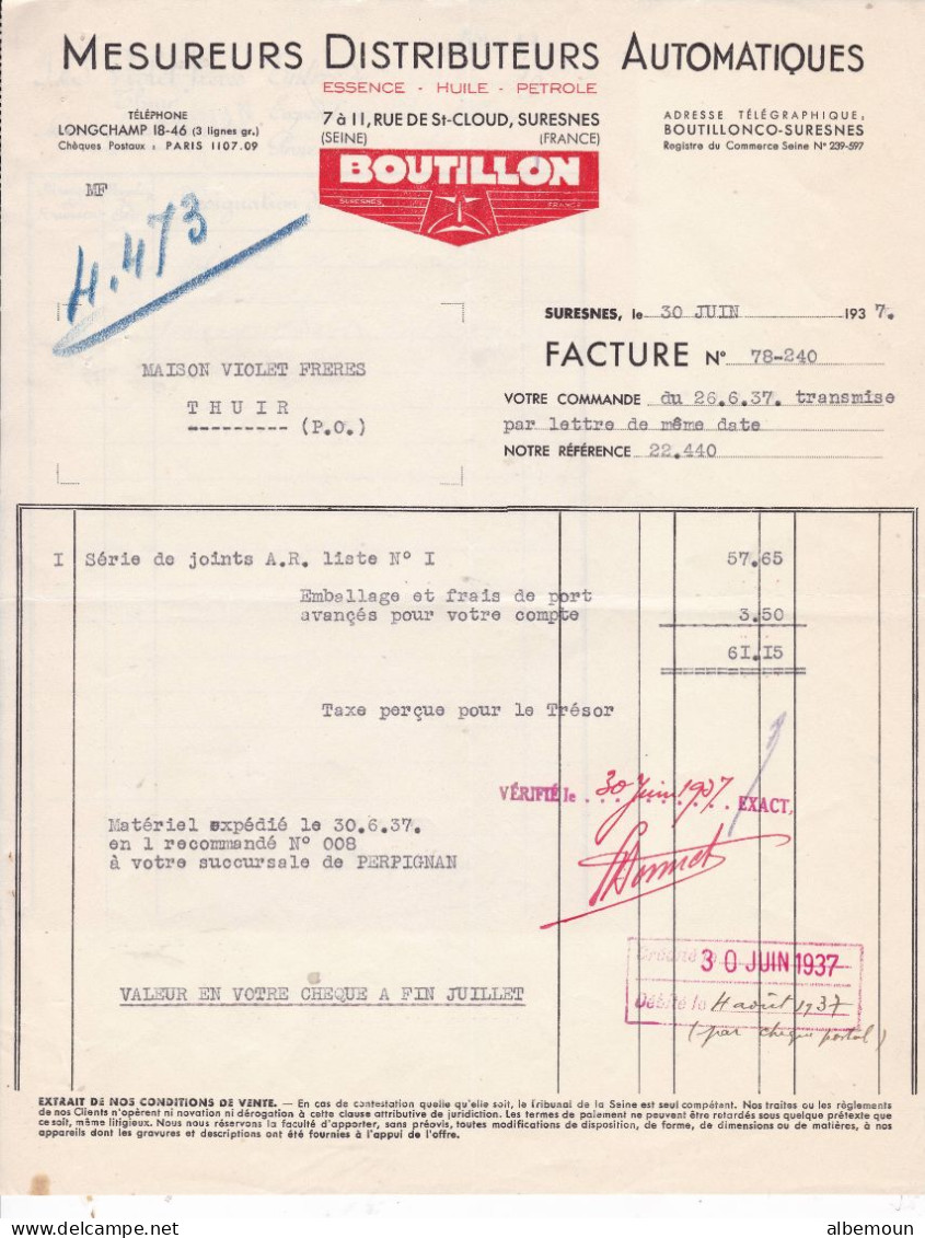 Facture Mesureurs Distributeurs Automatiques H. BOUTILLON à Suresnes Pour Violet Frs  à Thuir 1937 - 1900 – 1949
