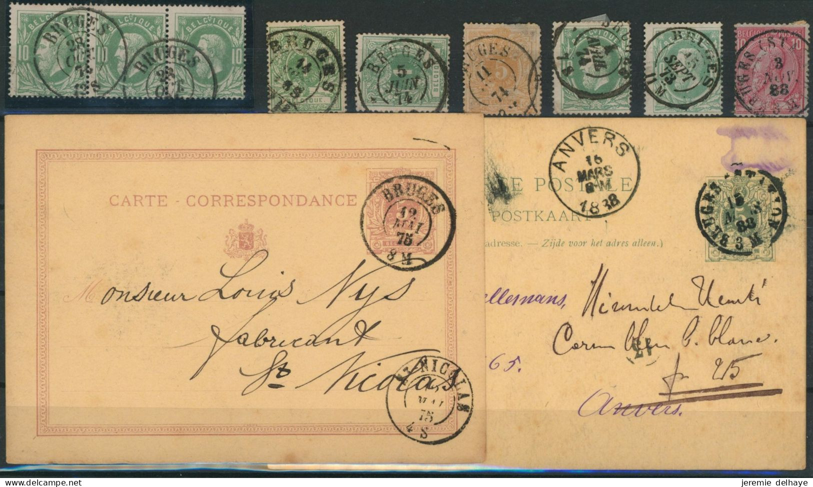 émission 1869 - Petite Sélection Oblitération DC "Bruges" Soit 7 Timbres Et Deux Entiers Postaux. - 1869-1883 Léopold II