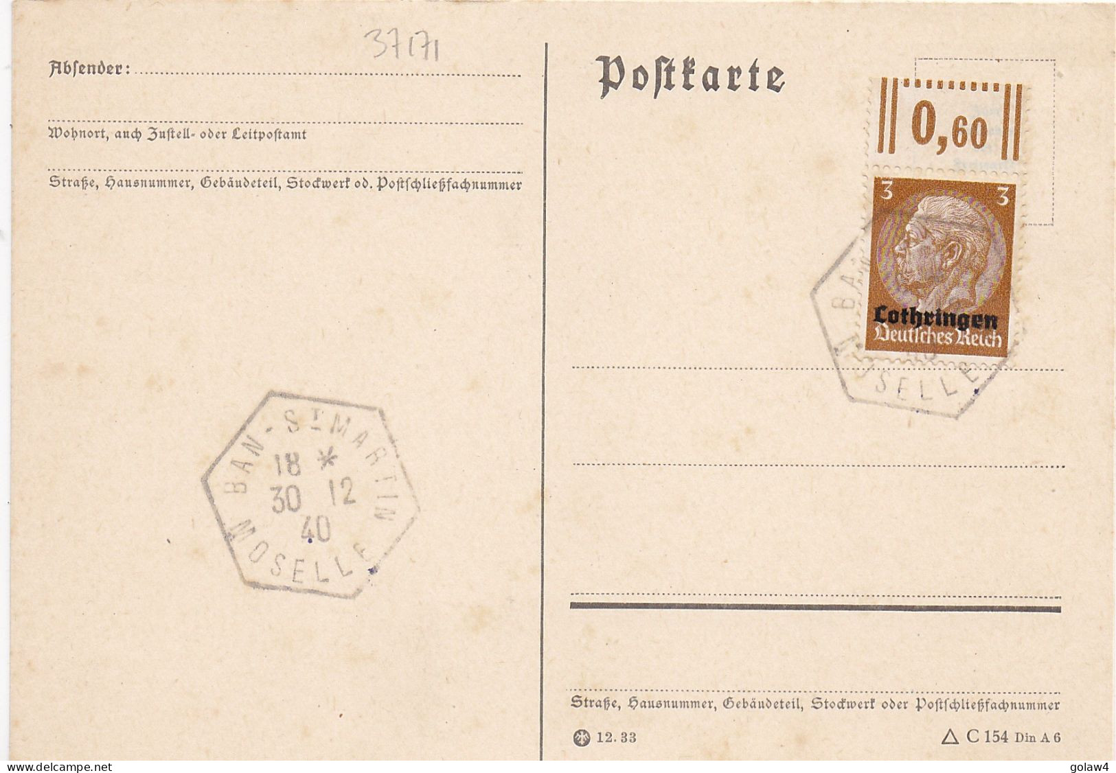 37171# HINDENBURG LOTHRINGEN CARTE POSTALE Obl BAN ST MARTIN MOSELLE 30 Décembre 1940 DERNIER JOUR D'UTILISATION - Covers & Documents
