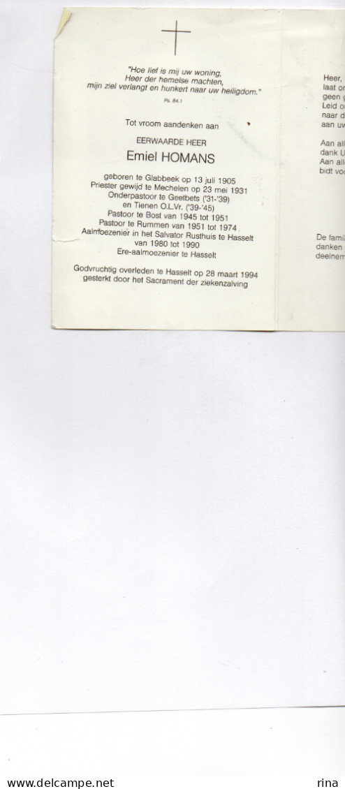 Eerw Heer Emiel Homans Geb Te Glabbeek Op 13 Juli 1905 Overl Te Hasselt Op 28 Maart 1994 Geetbets Tienen Bost Rummen - Other & Unclassified