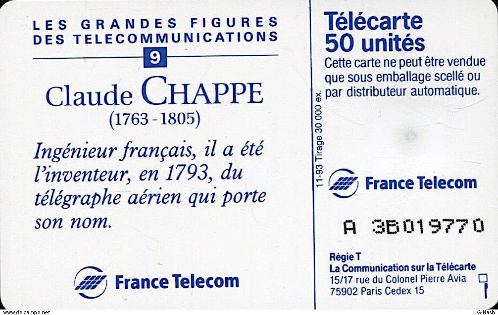 Télécarte Semi-publique EN788 - Claude Chappe 50u - 50 Einheiten