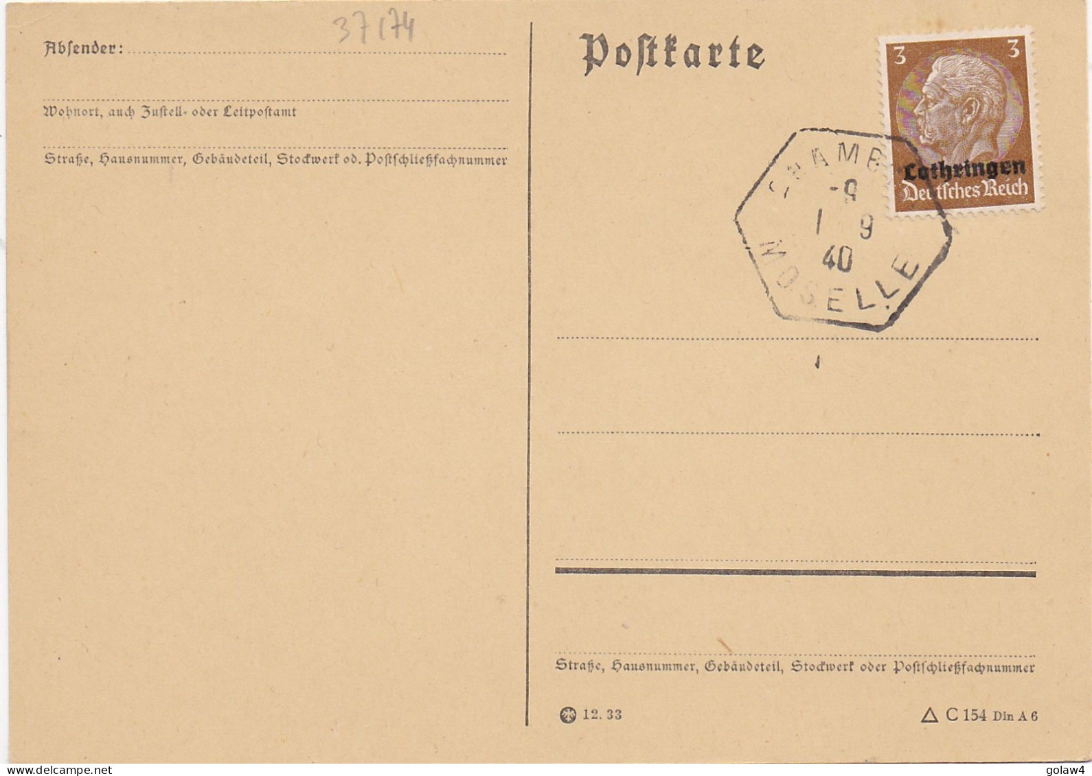 37174# HINDENBURG LOTHRINGEN CARTE POSTALE Obl CHAMBREY MOSELLE 1 Septembre 1940 - Storia Postale