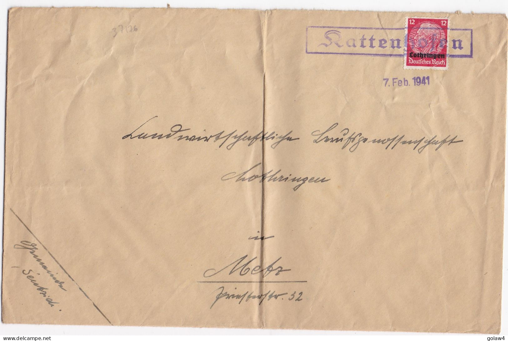 37176# HINDENBURG LOTHRINGEN LETTRE Obl KATTENHOFEN 7 Février 1941 CATTENOM MOSELLE METZ - Covers & Documents