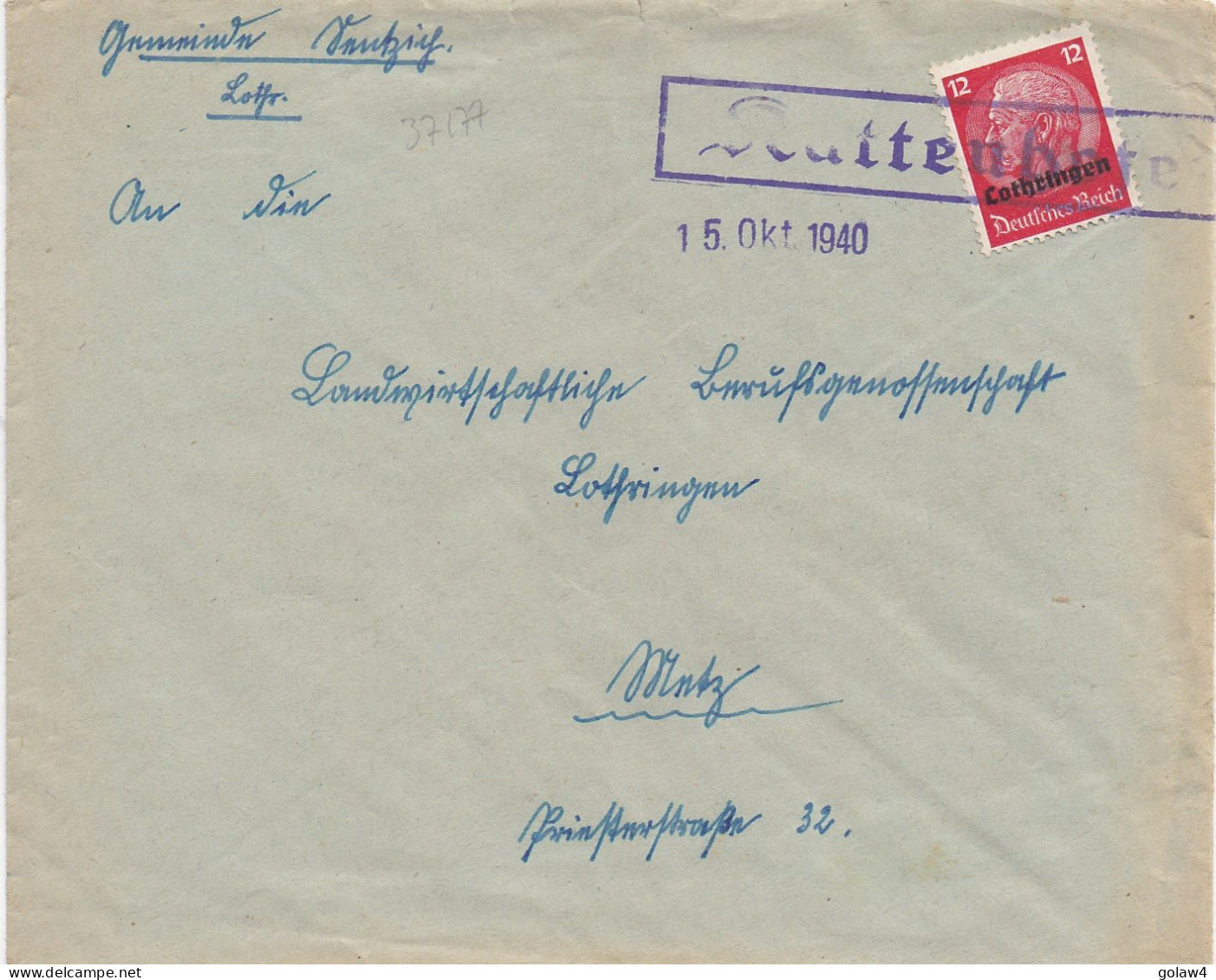 37177# HINDENBURG LOTHRINGEN LETTRE KUNTZIG Obl KATTENHOFEN 15 Octobre 1940 CATTENOM MOSELLE METZ - Cartas & Documentos