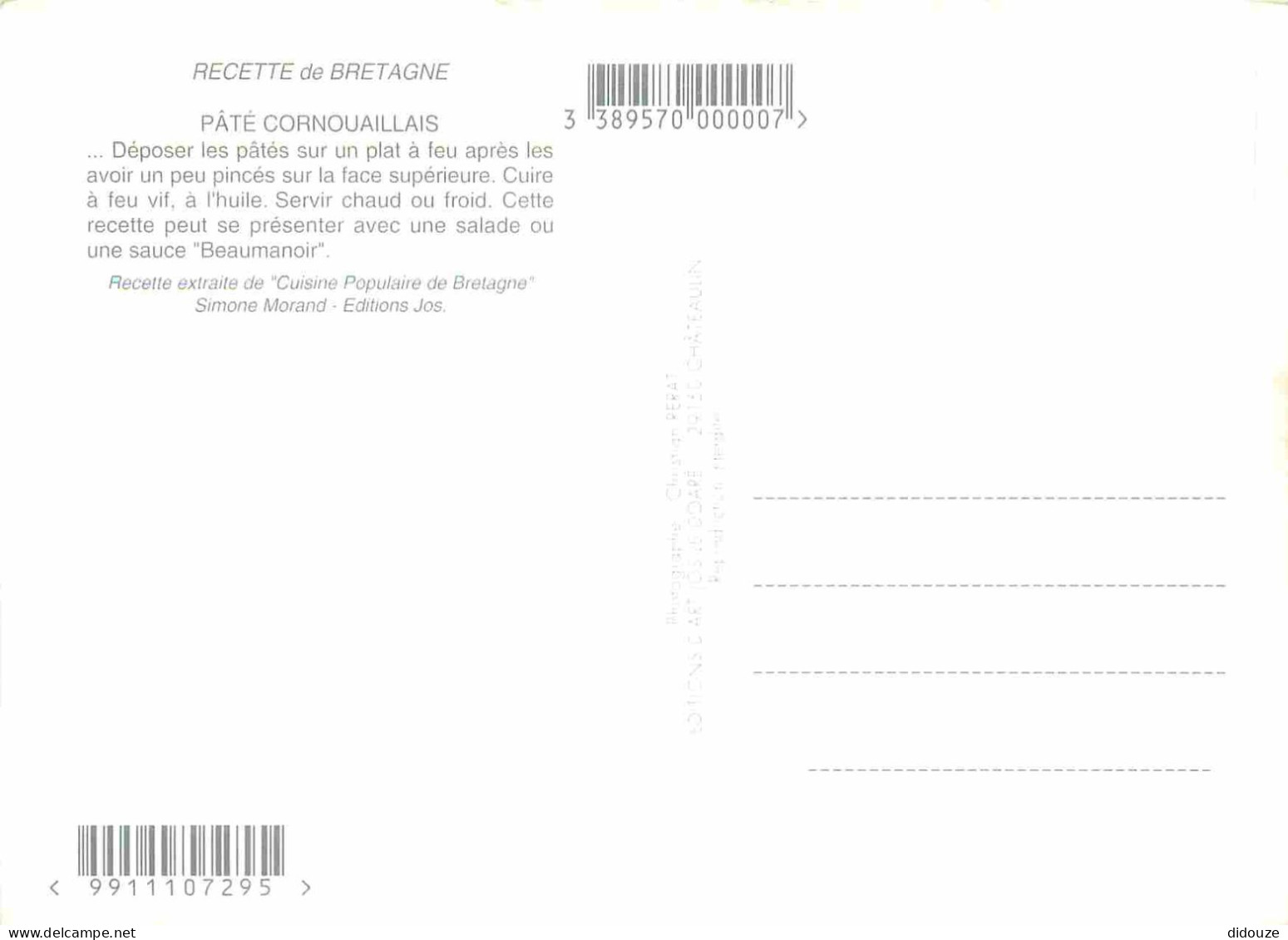 Recettes De Cuisine - Paté Cornouaillais - Bretagne - Gastronomie - CPM - Carte Neuve - Voir Scans Recto-Verso - Küchenrezepte