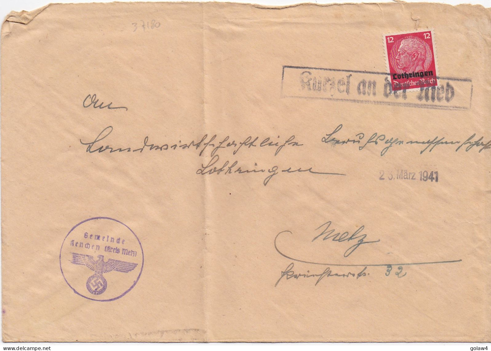 37180# HINDENBURG LOTHRINGEN LETTRE KENCHEN Obl KURZEL AN DER NIED 23 Mars 1941 COURCELLES SUR NIED MOSELLE METZ - Covers & Documents