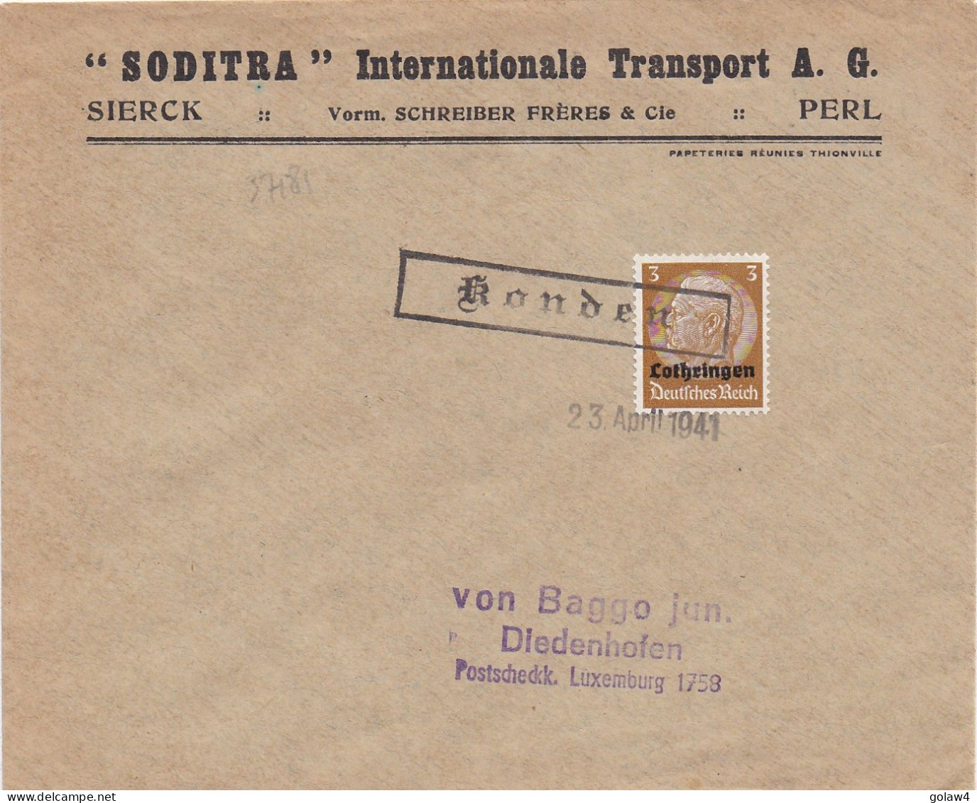 37181# HINDENBURG LOTHRINGEN LETTRE Obl KONDEN 23 Avril 1941 CONDE NORTHEN MOSELLE THIONVILLE - Lettres & Documents