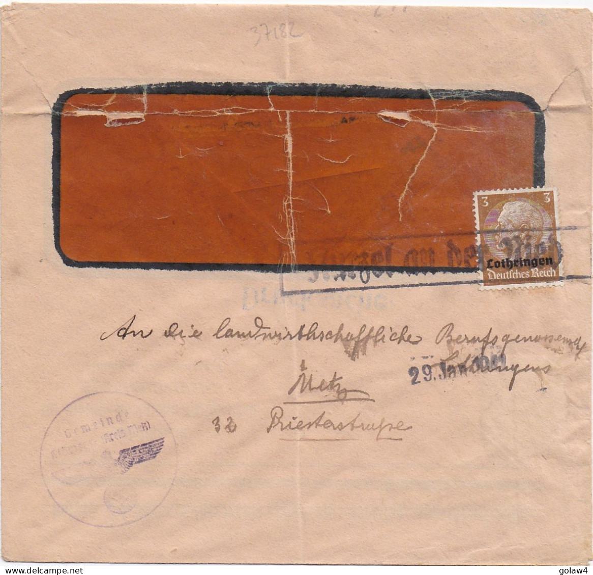 37182# HINDENBURG LOTHRINGEN LETTRE Obl KURZEL AN DER NIED 29 Janvier 1941 COURCELLES SUR NIED MOSELLE METZ - Lettres & Documents