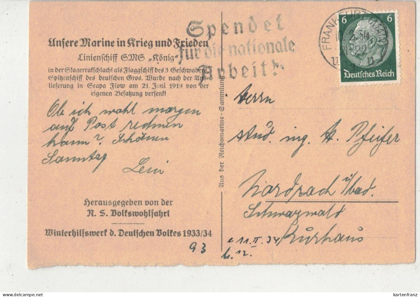 Bildpostkarte Ganzsache Postkarte WHW DR 1933 / 1934 Unsere Marine - Linienschiff SMS " König " - O - Autres & Non Classés