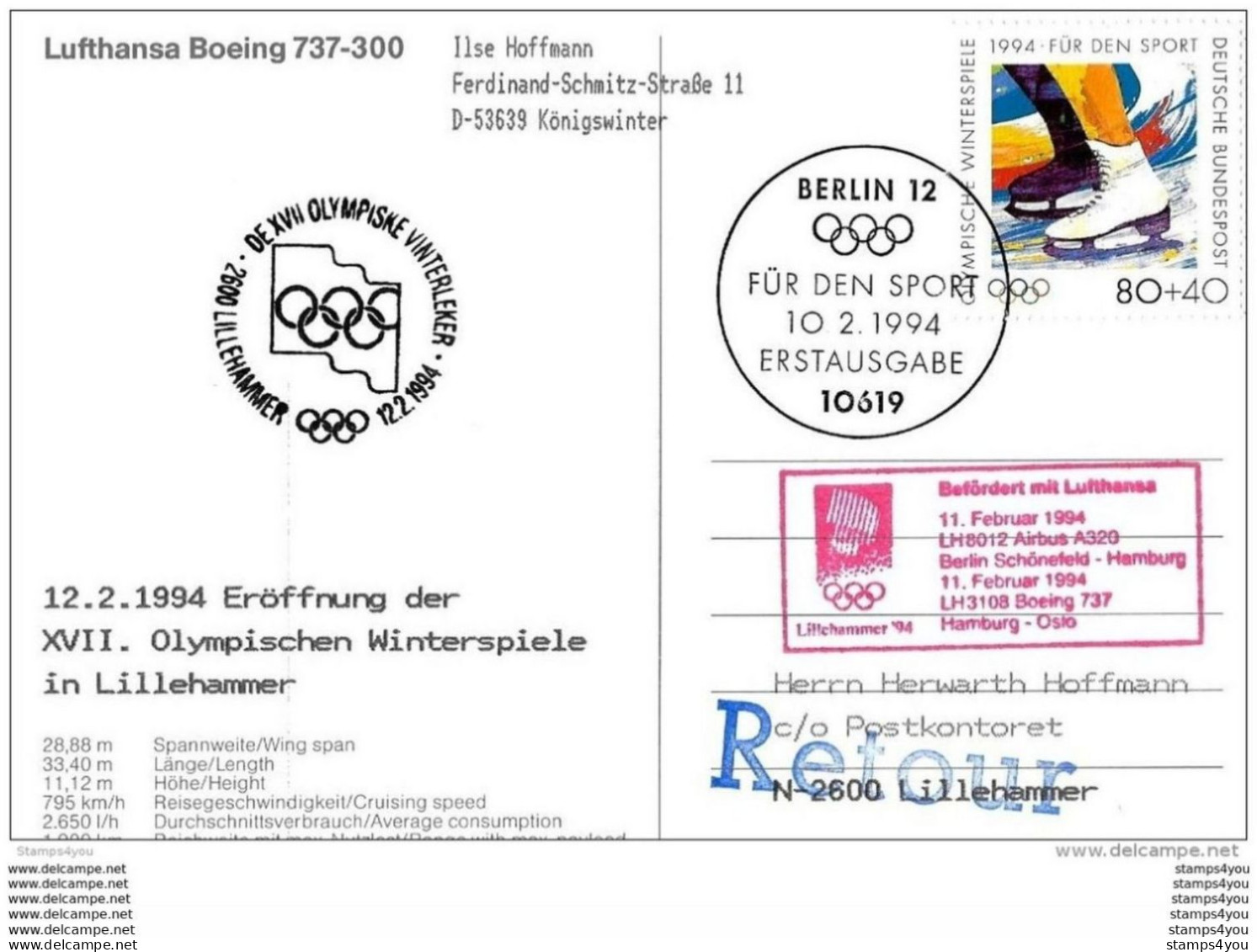 118 - 89 - Enveloppe Vol Lufthansa "ouverture Des JO De Lillehammer 1994 - Hamburg-Oslo" - Hiver 1994: Lillehammer