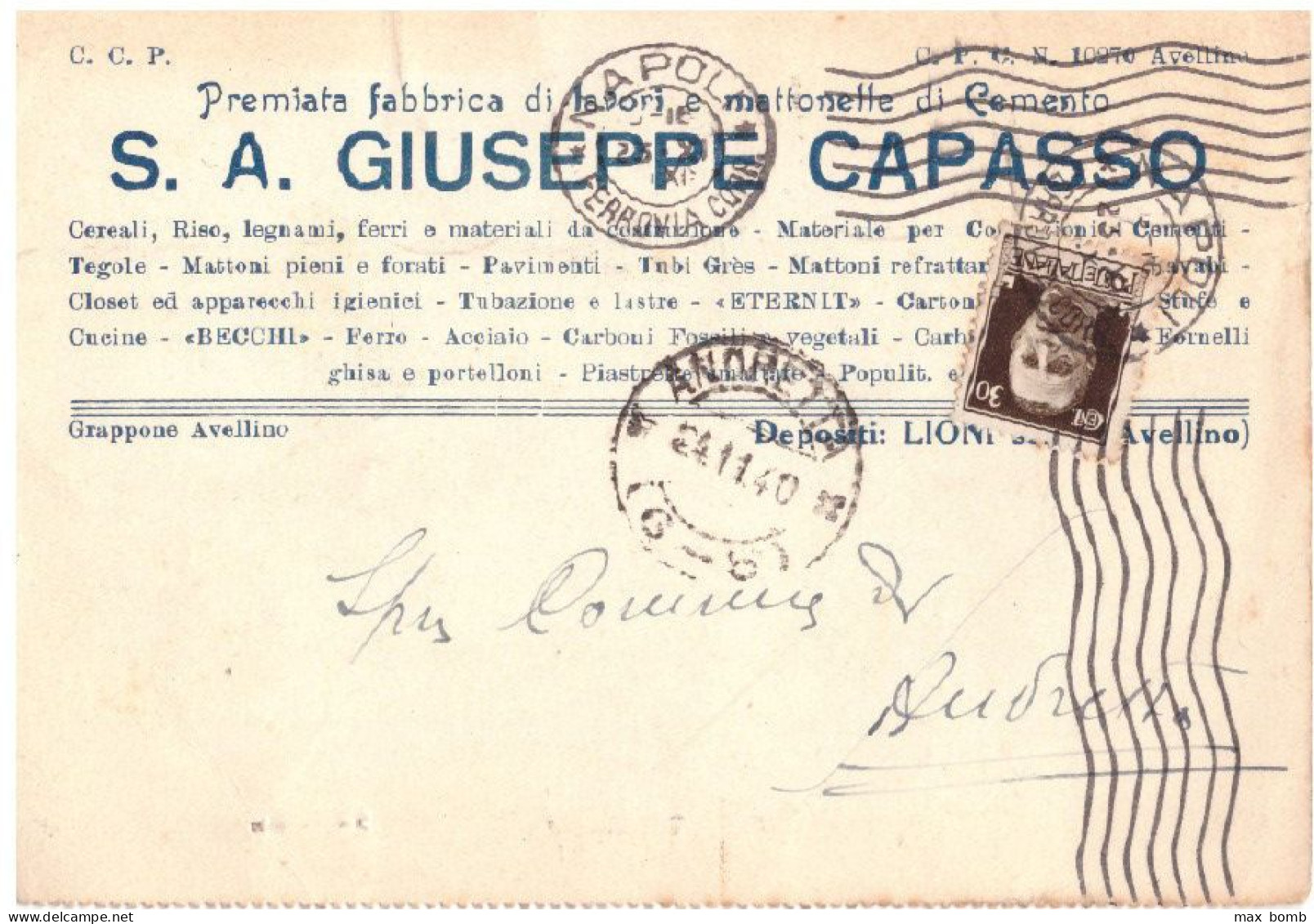 1940 AVELLINO LIONI PREMIATA FABBRICA GIUSEPPE CAPASSO   V117 - Publicité