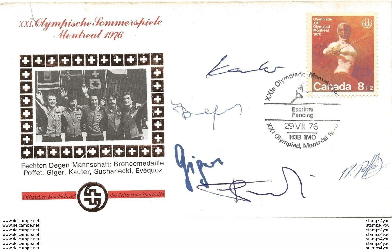 213 - 2 - Enveloppe Timbre Et Oblit Spéciale "Escrime" Médaille De Bronze équipe Suisse Avec Signatures - Ete 1976: Montréal