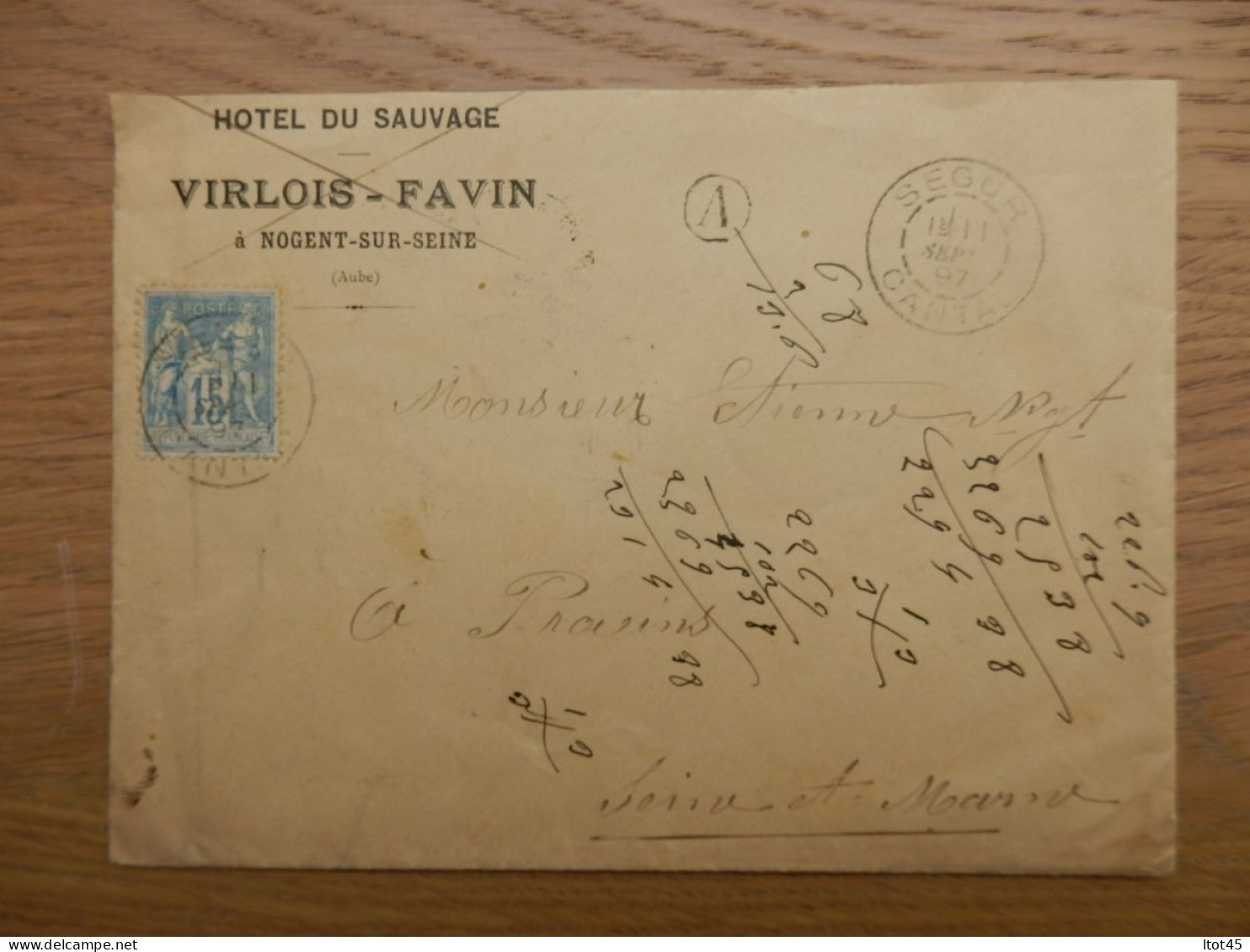 ENVELOPPE HOTEL DU SAUVAGE VIRLOIS-FAVIN NOGENT-SUR-SEINE 1897 - 1877-1920: Semi Modern Period