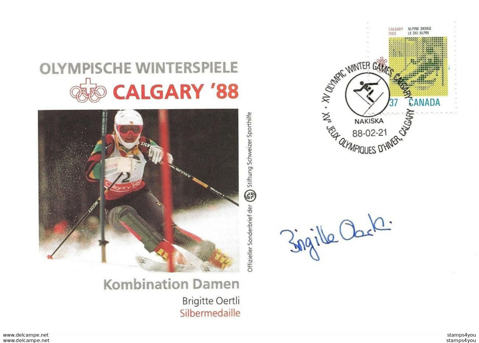 213 - 14 - Enveloppe  "combiné Dames" Oblit Spéciale Et Signature Brigitte Oertli Médaillée D'argent - Hiver 1988: Calgary