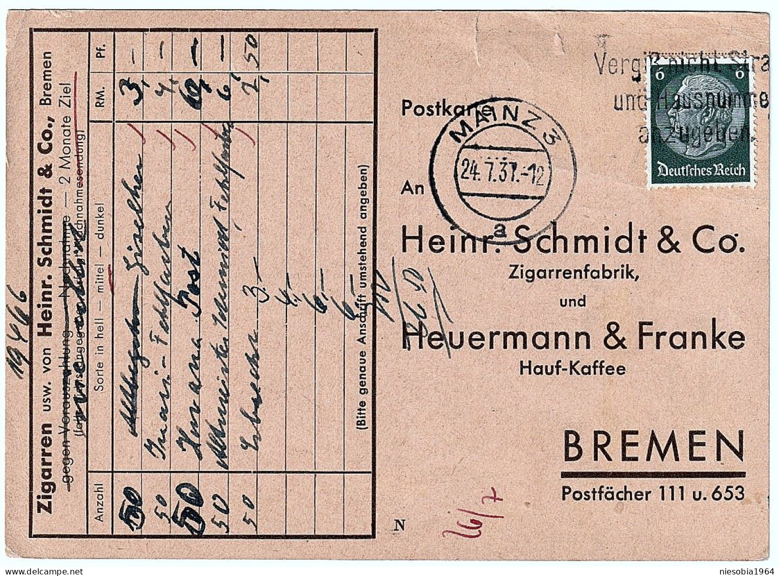 Company Postcard Heinr. Schmidt & Co. Cigar Factory And Heurenmann & Franke Hauf-Kaffe MANZ Seal Altdamm 24/07/1937 - Cartes Postales