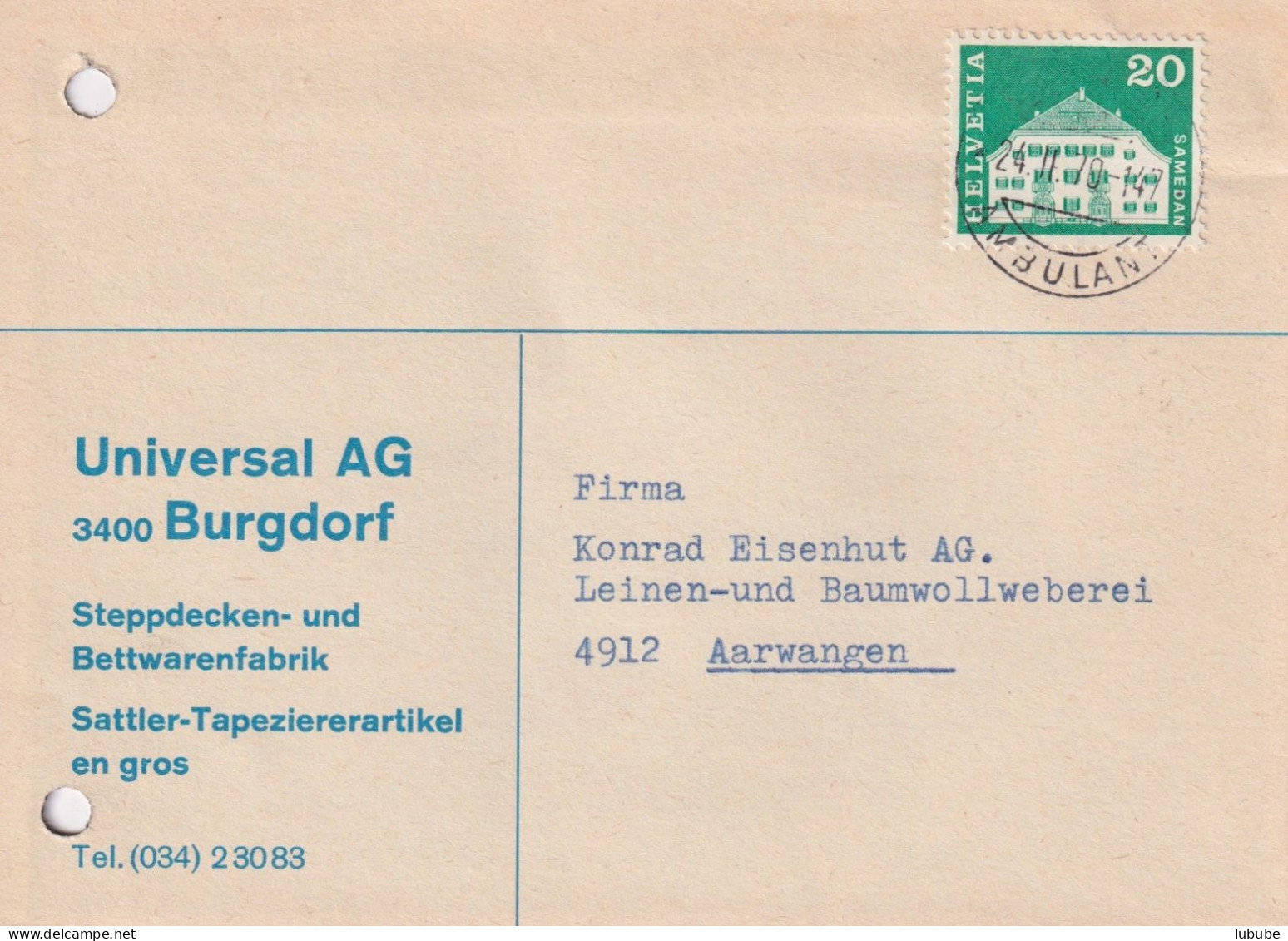 Motiv Karte  "Universal AG, Stepdecken/Bettwaren, Burgdorf"        1970 - Storia Postale