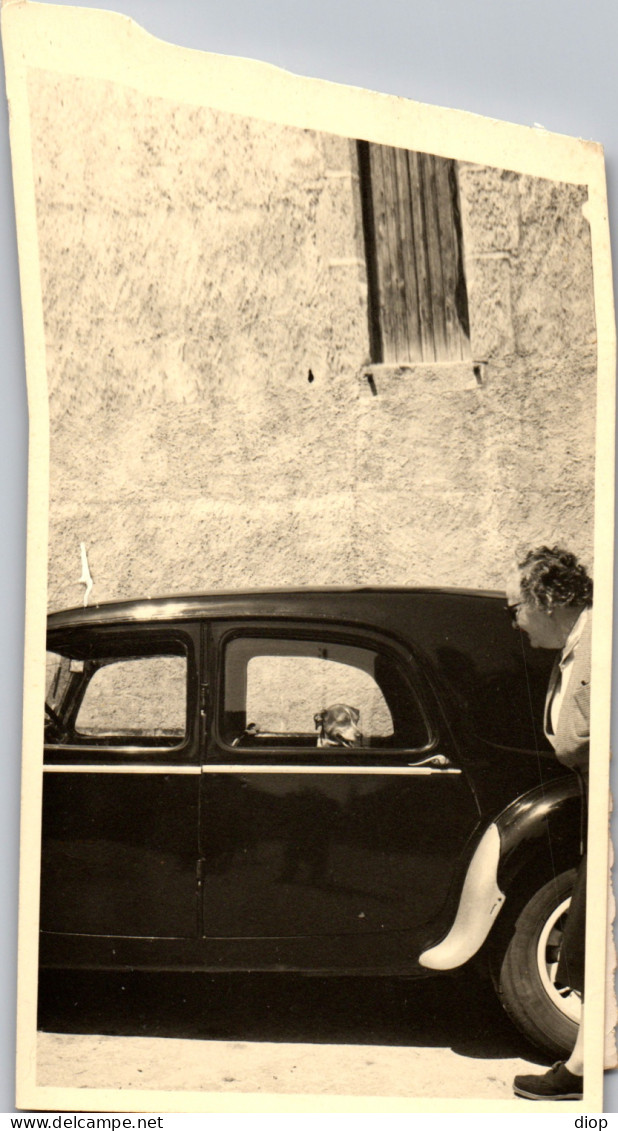 Photographie Photo Vintage Snapshot Amateur Automobile Voiture Dr&ocirc;le Chien Femme - Autres & Non Classés