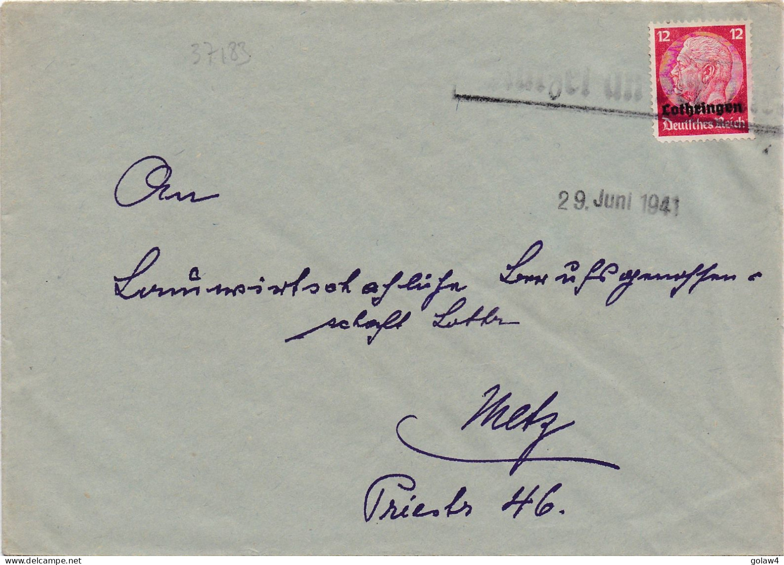 37183# HINDENBURG LOTHRINGEN LETTRE Obl KURZEL AN DER NIED 29 Juin 1941 COURCELLES SUR NIED MOSELLE METZ - Covers & Documents