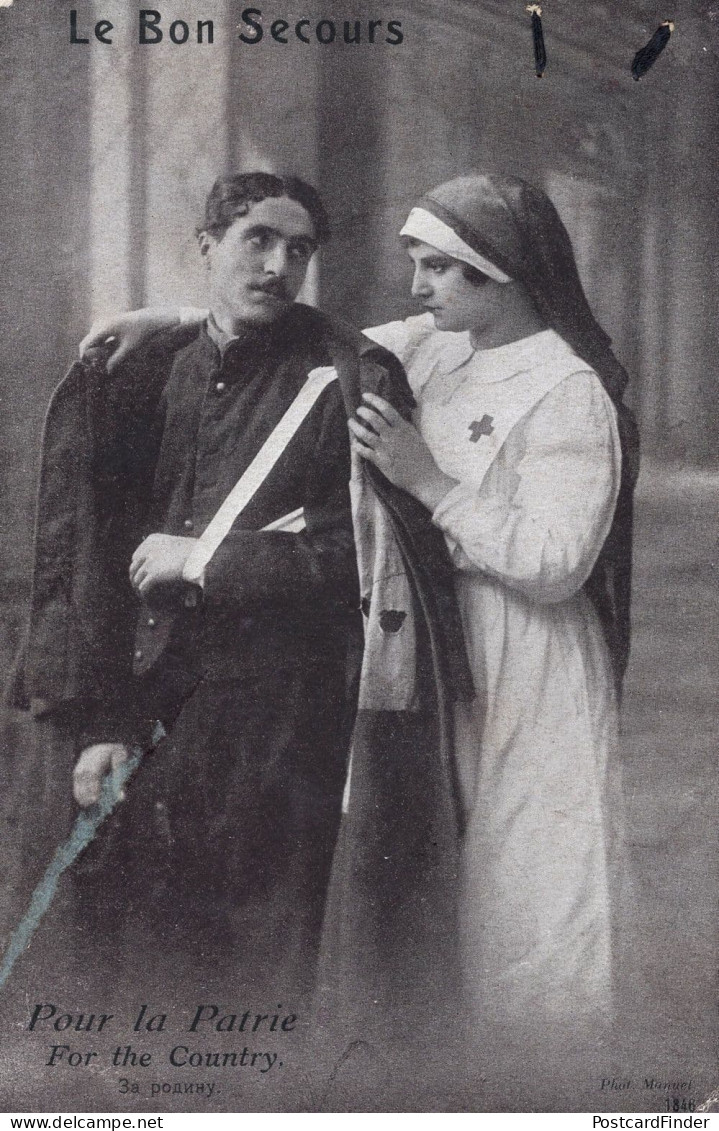 Injured French Army Soldier In Sling With Red Cross Nurse WW1 Postcard - Croce Rossa