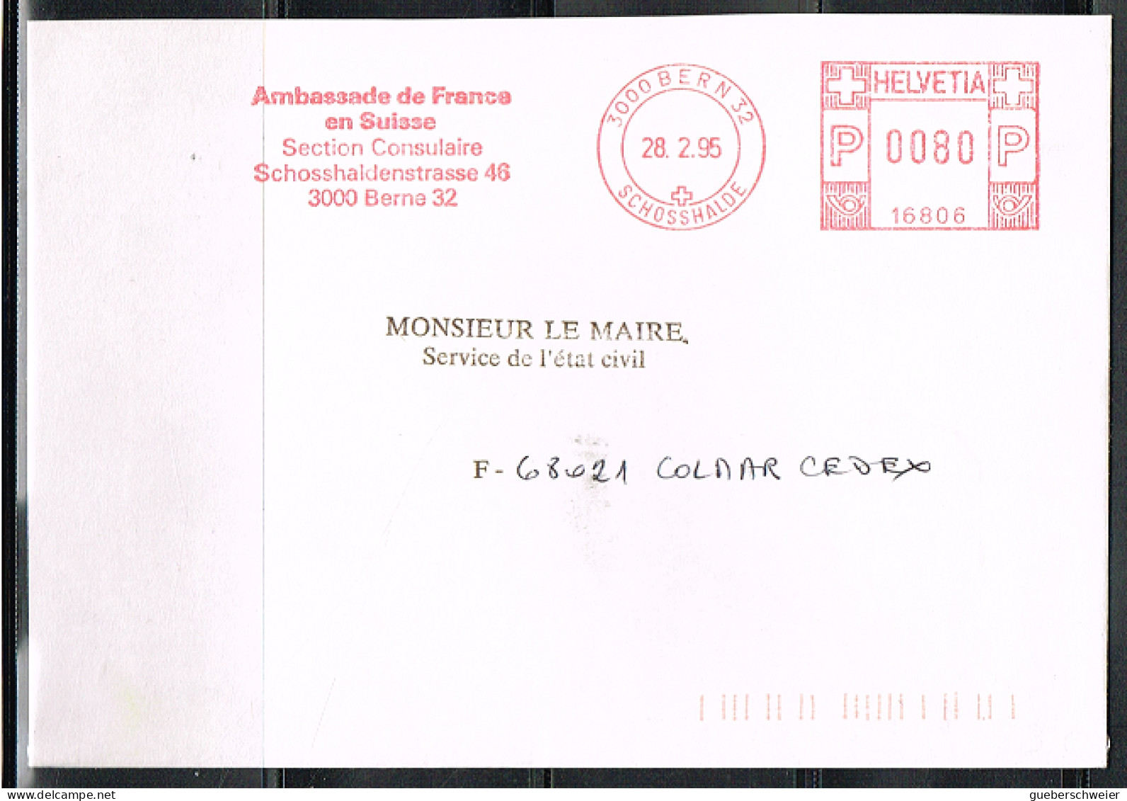 POL-L50 - SUISSE EMA De L'Ambassade De France à Berne 1995 - Marcofilie