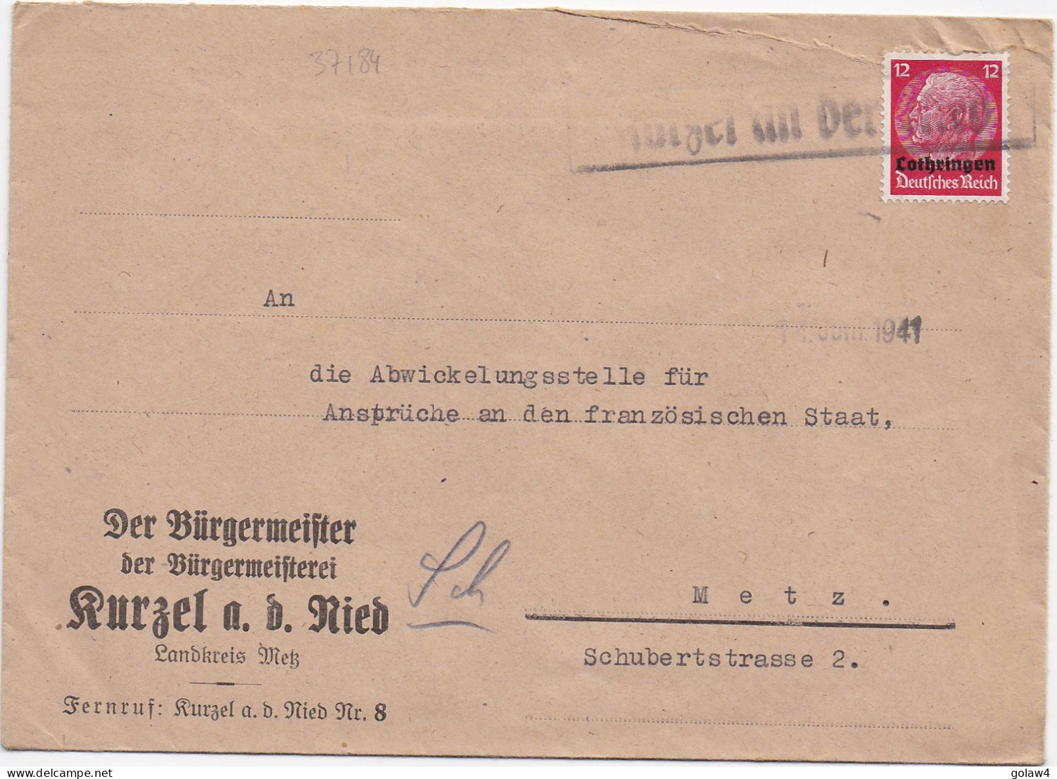37184# HINDENBURG LOTHRINGEN LETTRE Obl KURZEL AN DER NIED 14 Juin 1941 COURCELLES SUR NIED MOSELLE METZ - Brieven En Documenten