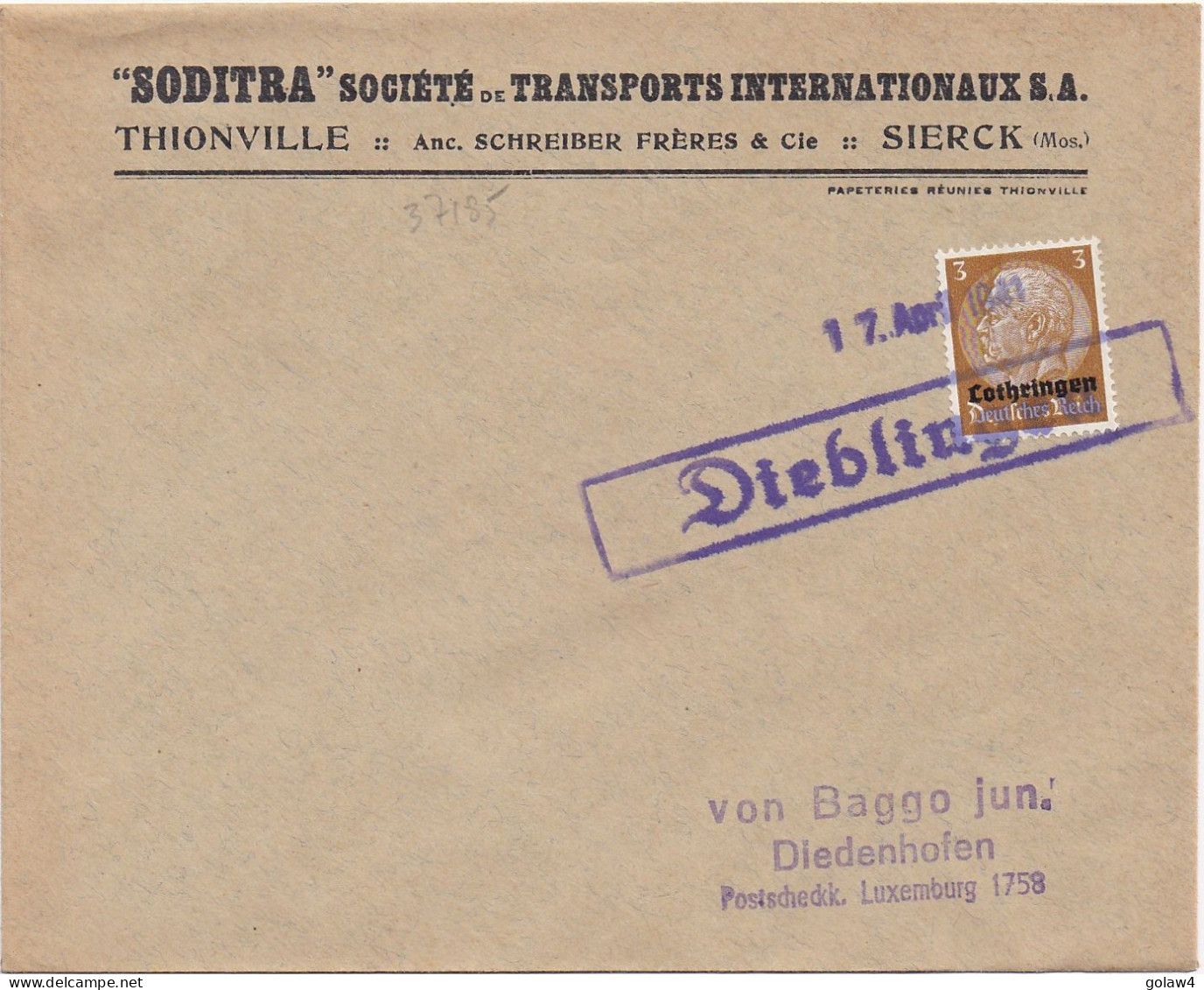 37185# HINDENBURG LOTHRINGEN LETTRE Obl DIEBLINGEN 17 Avril 1941 DIEBLING MOSELLE THIONVILLE - Cartas & Documentos