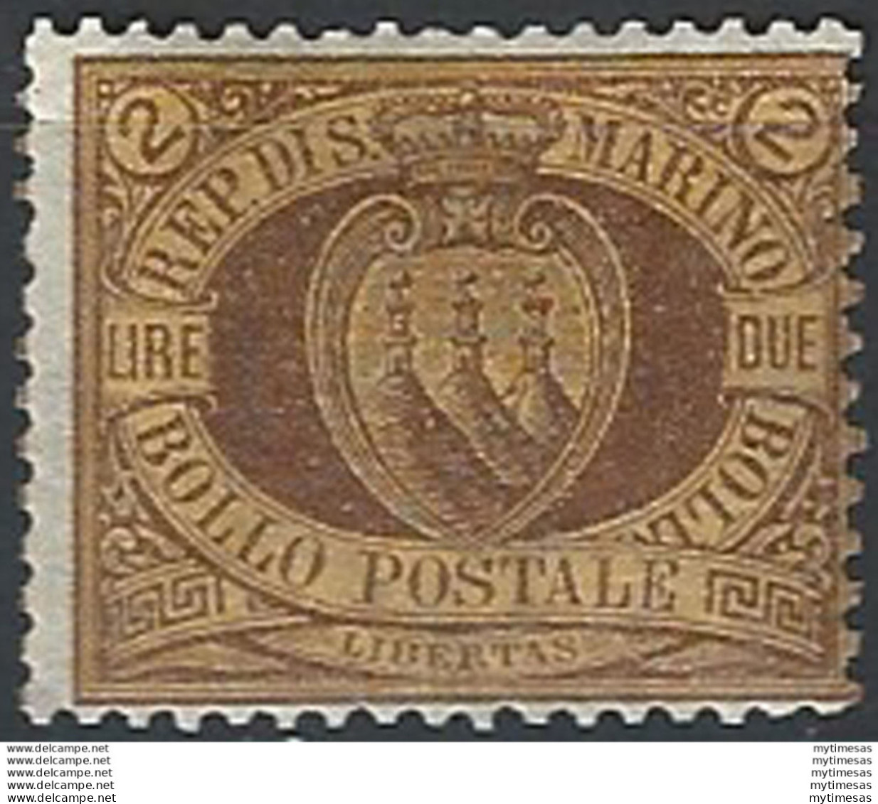 1894 San Marino Stemma Lire 2 Bruno/giallo Mc MNH Sassone N. 21a - Autres & Non Classés
