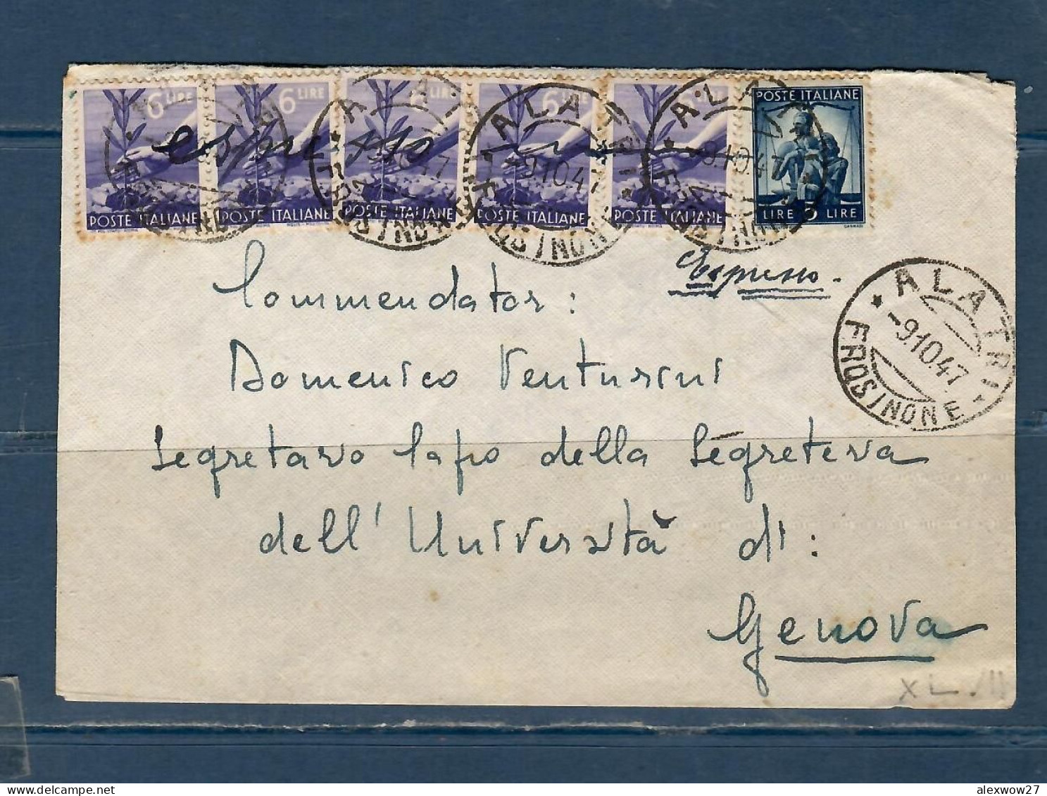 Italia / Repubblica 1947 Espresso Da Alatri ( Frosinone)  Per Genova - Express/pneumatic Mail