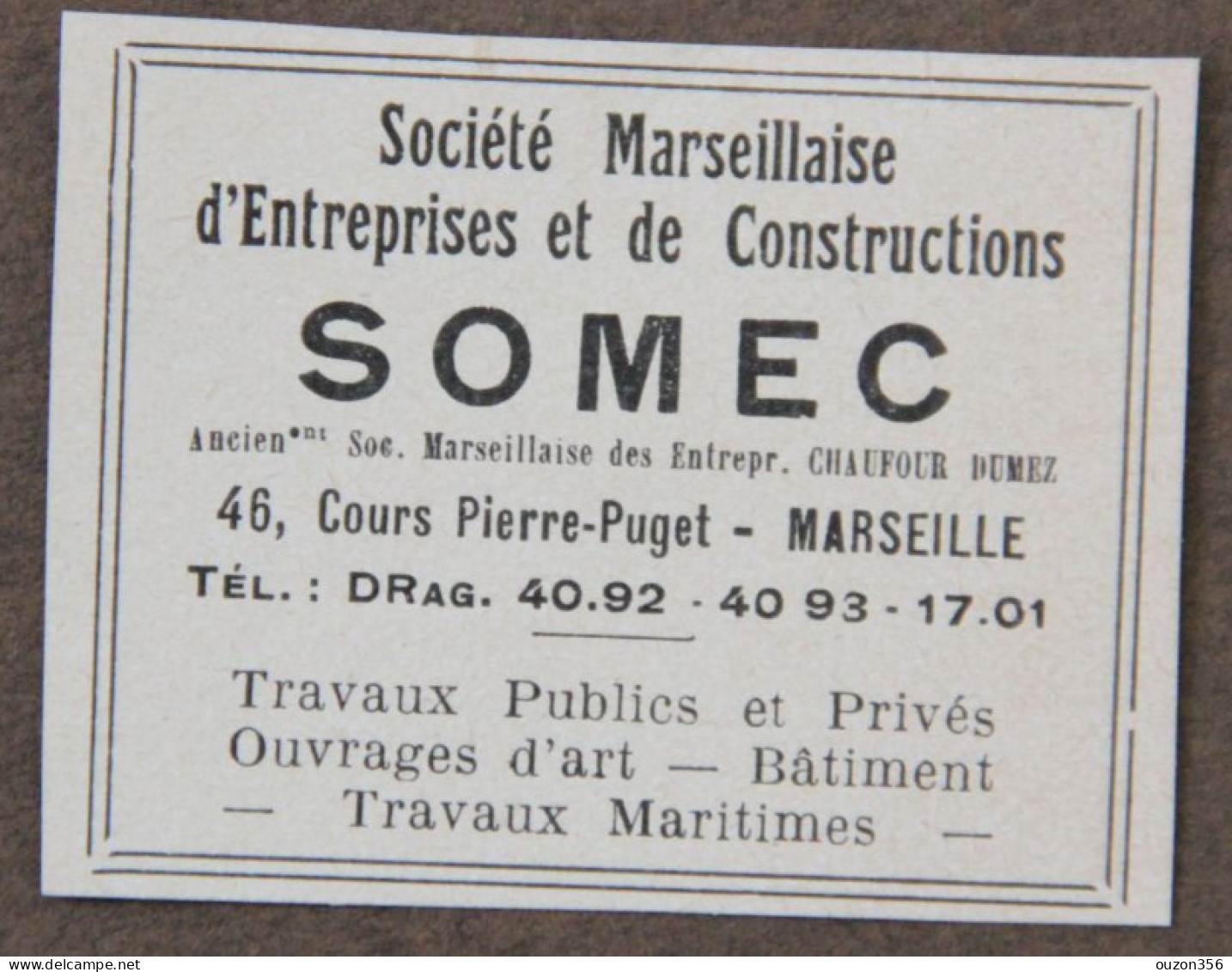 Publicité : SOMEC Société Marseillaise D'Entreprises Et De Constructions, Marseille, 1951 - Werbung
