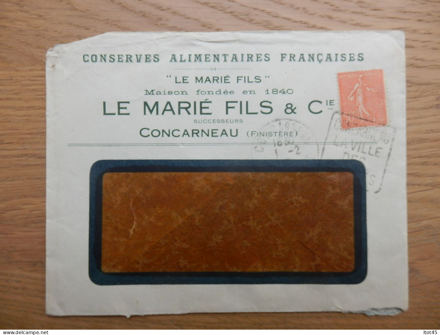 ENVELOPPE CONSERVE ALIMENTAIRES FRANCAISES LE MARIE FILS & Cie CONCARNEAU 1938 - 1921-1960: Modern Period
