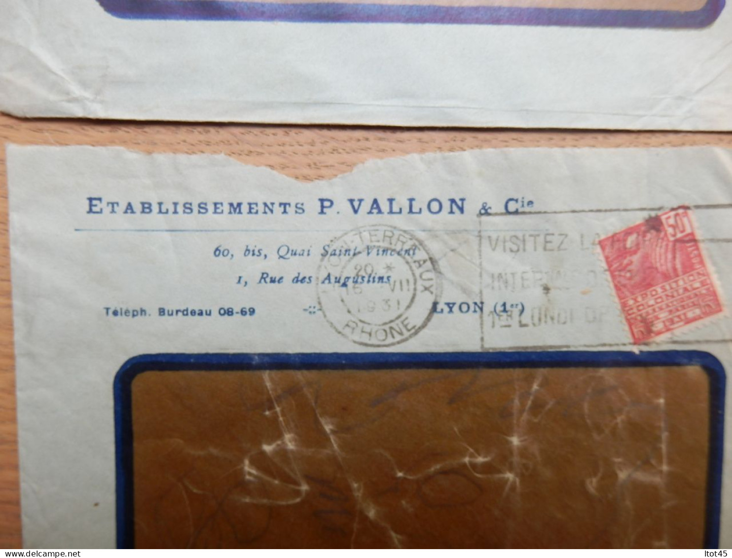 LOT DE 2 ENVELOPPES ETABLISSEMENT P. VALLON & Cie LYON 1931 - 1921-1960: Modern Period
