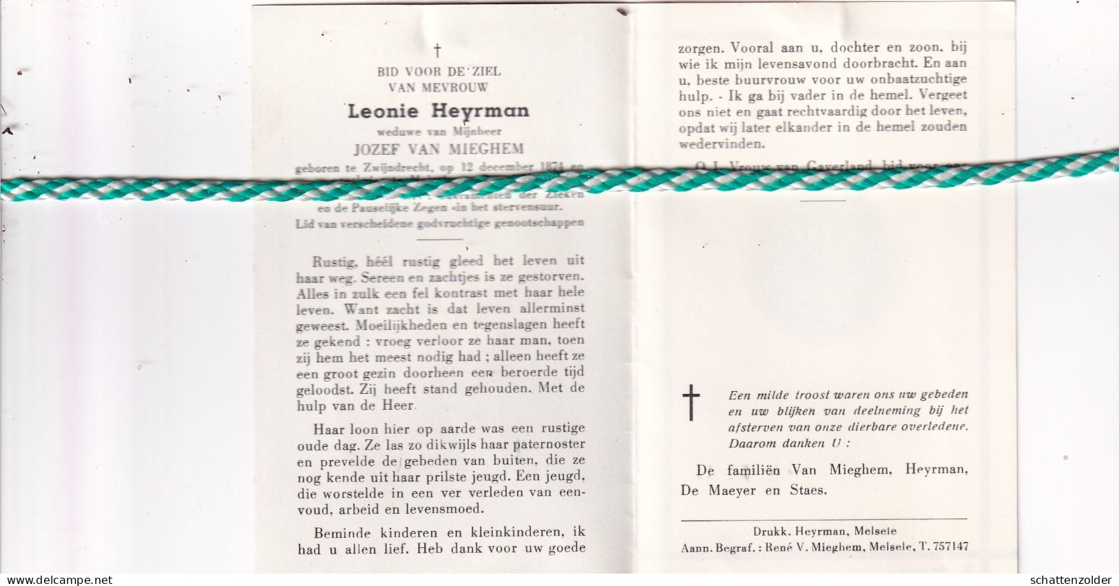 Leonie Heyrman-Van Mieghem, Zwijndrecht 1874, Melsele 1965 - Obituary Notices